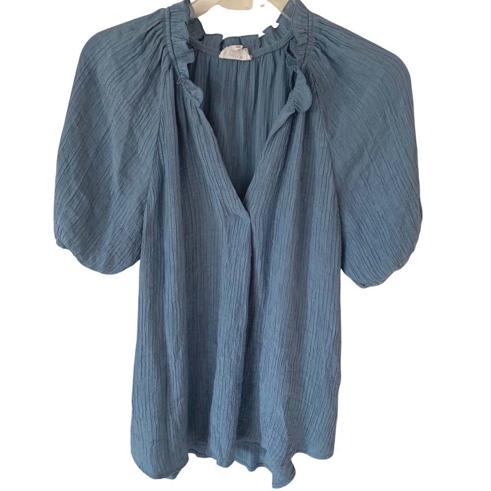 Perch 1X Blouse Blue Ruffle V-Neck Puff Sleeve Crinkle Top PB3ST1025